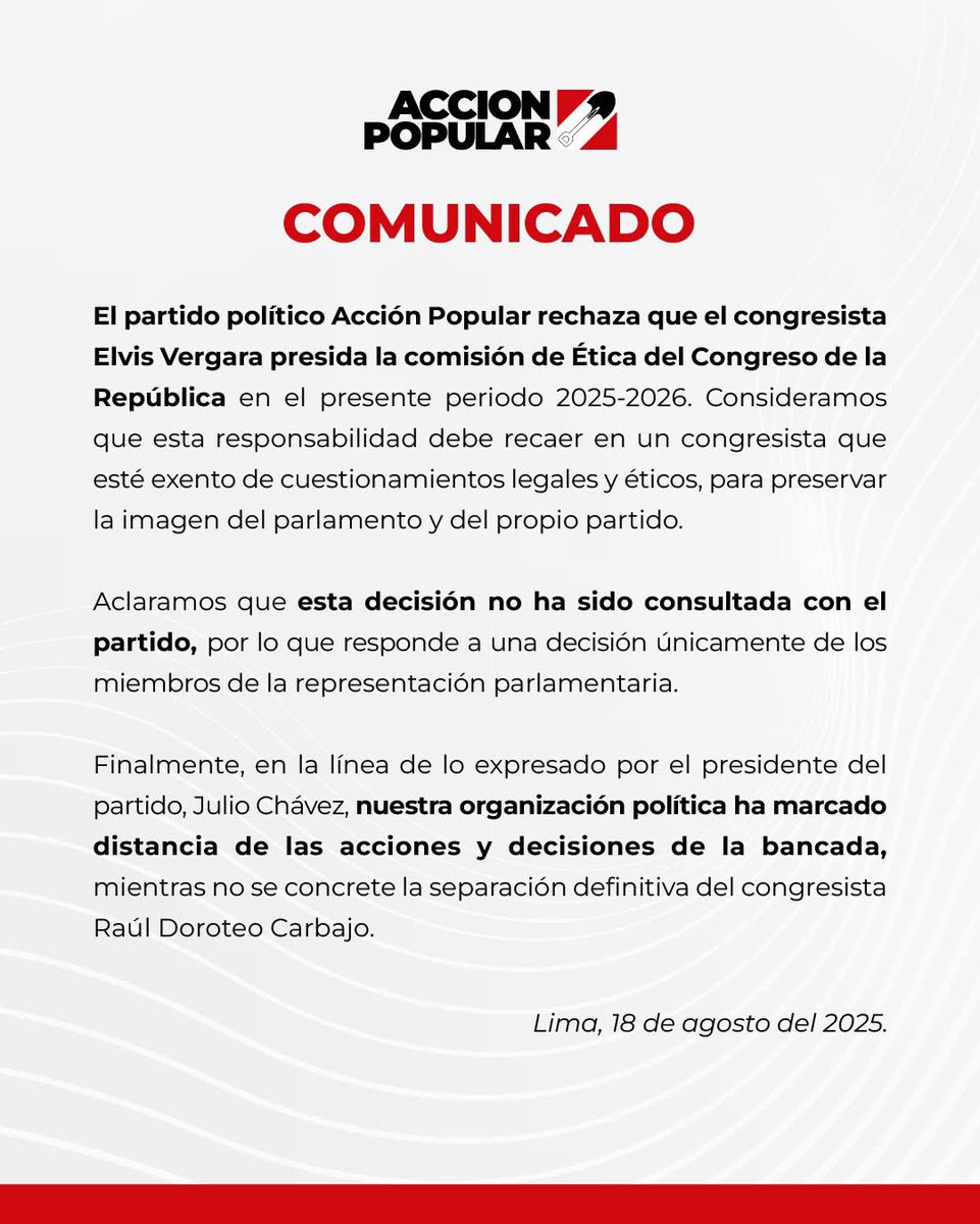 AccionPopularOk's tweet photo. 📌 Sobre la designación del congresista Elvis Vergara como presidente de la Comisión de Ética del @congresoperu, el partido Acción Popular comunica lo siguiente: https://t.co/eDhsWfaajg