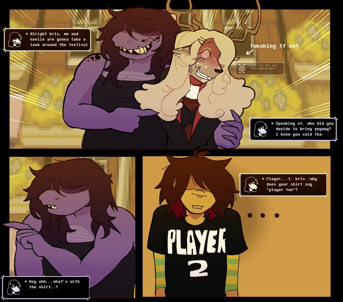 PLAYER ONE: deltarune comic
(3/7)
Slight #deltarunespoilers man idk
#DELTARUNE #kerdly #krisdreemurr #Berdly #susiedeltarune #noelleholiday #suselle #deltarunefanart