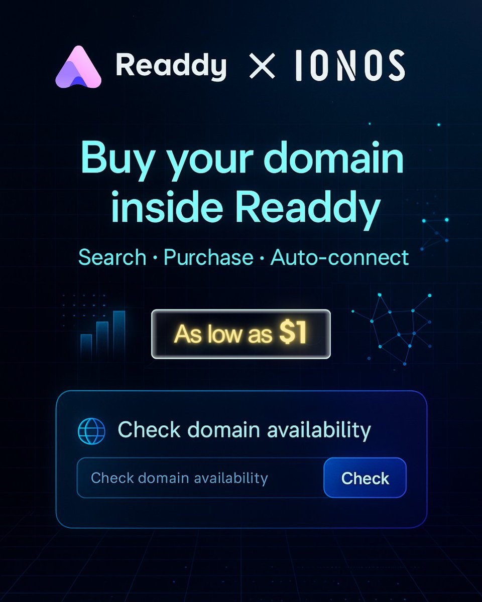 ReaddyAI's tweet image. 🚀 Build &amp;amp; launch faster with Readdy. 
Now you can buy your domain inside Readdy from just $1 – powered by @ionos_help_US 
No more extra steps. Idea → Design → Domain → Live.  #Readdy #IONOS #Domain #WebsiteDesign