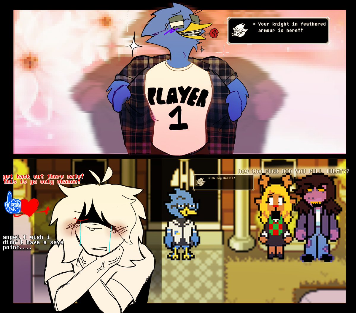 7/7
The end of my 18-hour grind. Hope i dont eat shit and die
#deltarunefanart #DELTARUNE #kerdly #krisdreemurr #Krisdeltarune #Berdly #susiedeltarune #noelleholiday