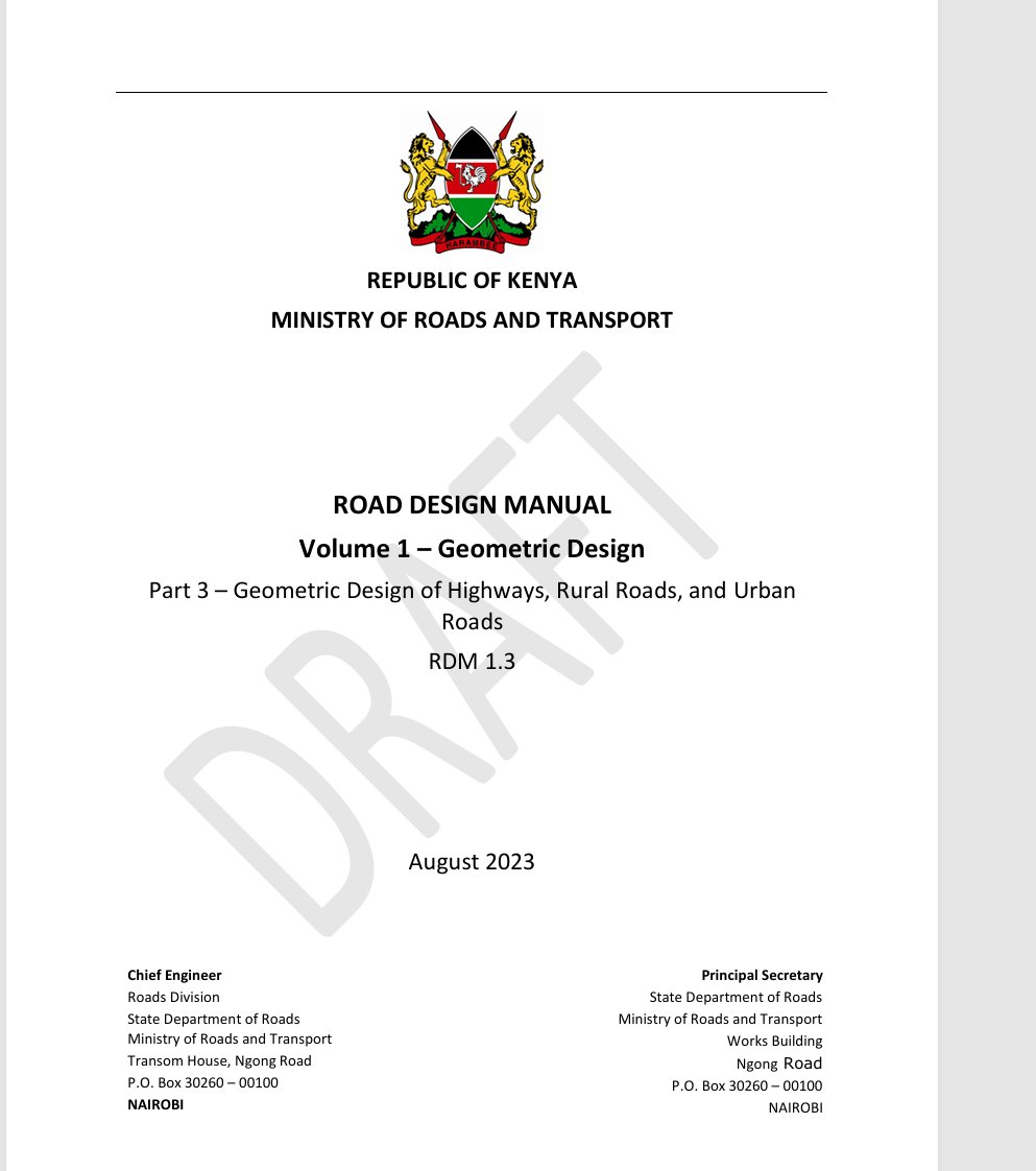 The geometric design of vertical and horizontal alignments in Kenya is guided by the ROAD DESIGN MANUAL by the Ministry of Roads and Transport. The Americans have the AASHTO standards. These standards stipulate the design constraints for sustainability and safety. Horizontal