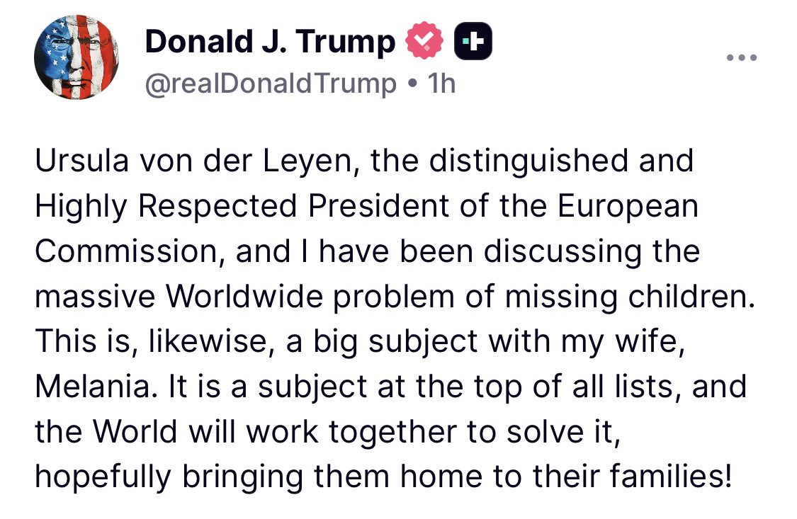 ❗️Donald Trump about the abducted Ukrainian children: “It is a subject at the top of all lists, and the World will work together to solve it, hopefully bringing them home to their families!”