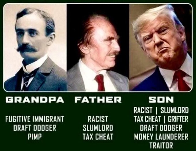 #DemsUnited
#maddow
That Apple sure doesn't fall far from the tree. Trump's grandfather immigrated from Bavaria Germany in 1885. During the Klondike Gold Rush, he moved to the Yukon 
and made his fortune by operating a restaurant and a brothel for miners in Whitehorse.