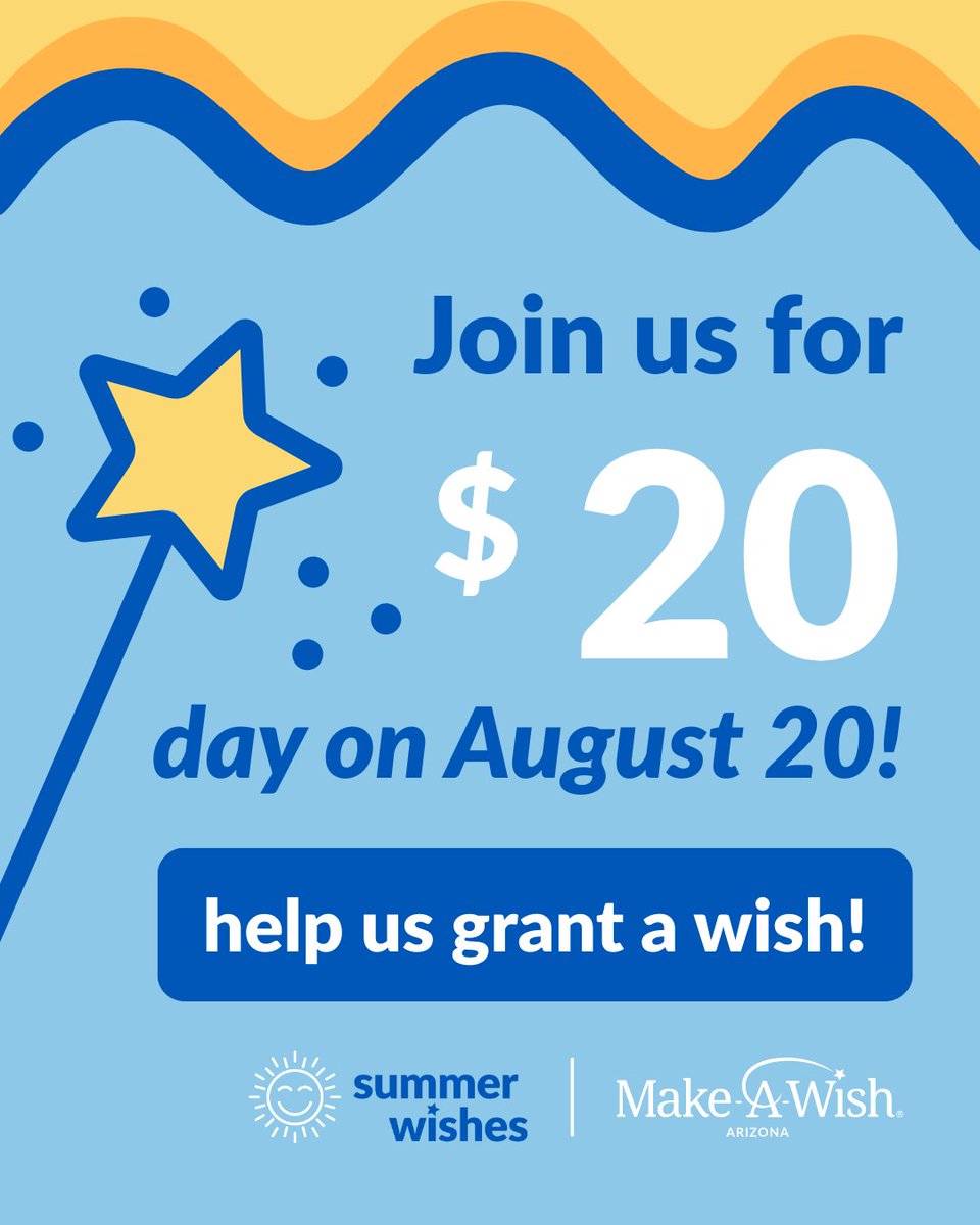 On Aug. 20, help grant a wish with just $20! 💙 We’re calling on 500 supporters, like YOU, to give $20 on Aug. 20th! Your gift will transform a child’s life! 

Here's how:
 
⭐️ Donate early
⭐️ Share this challenge with your friends and family!
 
Join us ➡️ arizona.wish.org/donate20