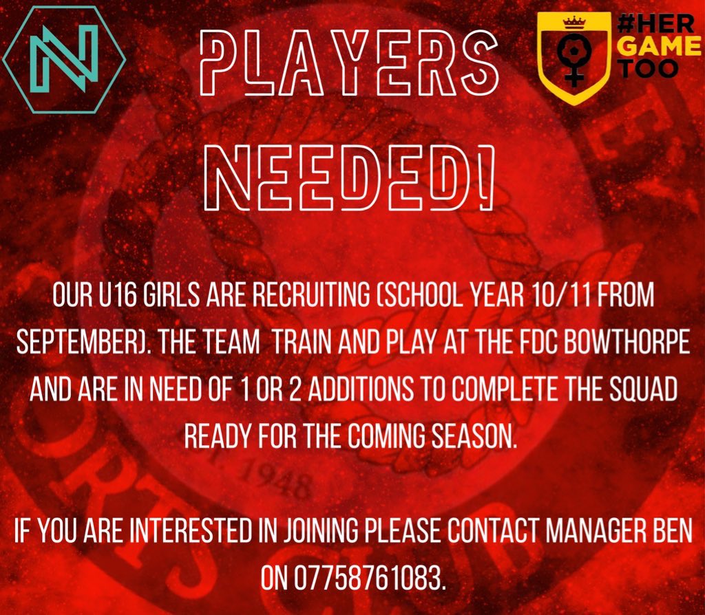 CostesseySports's tweet image. Do you know someone of the school age 10/11 from September looking for team?

Don’t hesitate to get in contact, join our girls U16s! 🔴⚫️