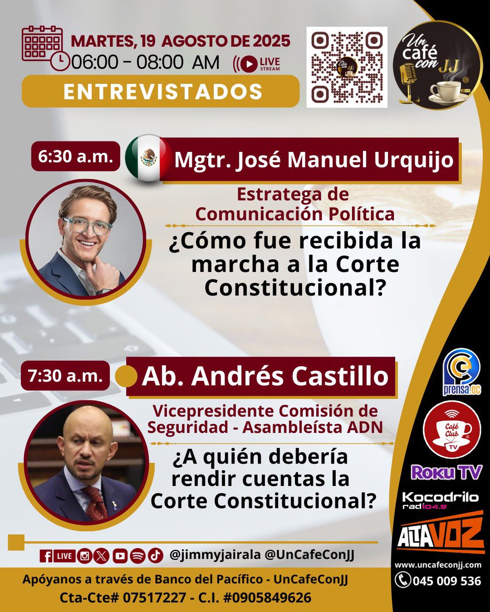 Un Café con JJ (@uncafeconjj) on Twitter photo 🔎LOS INVITADOS DE MAÑANA <a href="/UnCafeConJJ/">Un Café con JJ</a>
<a href="/Altavozecu/">Altavoz</a> <a href="/CafeClub_Lat/">CafeClubTv</a> <a href="/PrensaEc1/">PrensaEc</a> <a href="/JuanSJairala/">Juan Sebastian Jairala</a> 🔎LOS INVITADOS DE MAÑANA <a href="/UnCafeConJJ/">Un Café con JJ</a>
<a href="/Altavozecu/">Altavoz</a> <a href="/CafeClub_Lat/">CafeClubTv</a> <a href="/PrensaEc1/">PrensaEc</a> <a href="/JuanSJairala/">Juan Sebastian Jairala</a>