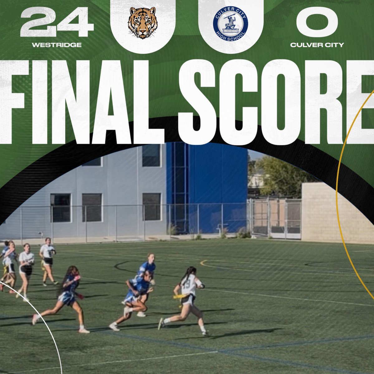 FINAL 🏈

Varsity Flag Football gets the W! Tigers shut out Culver City with a 24-0 road win. Offense put up 4 touchdowns while the defense came away with 5 interceptions. Great job Tigers!

#WeAreWestridge | #GoTigers