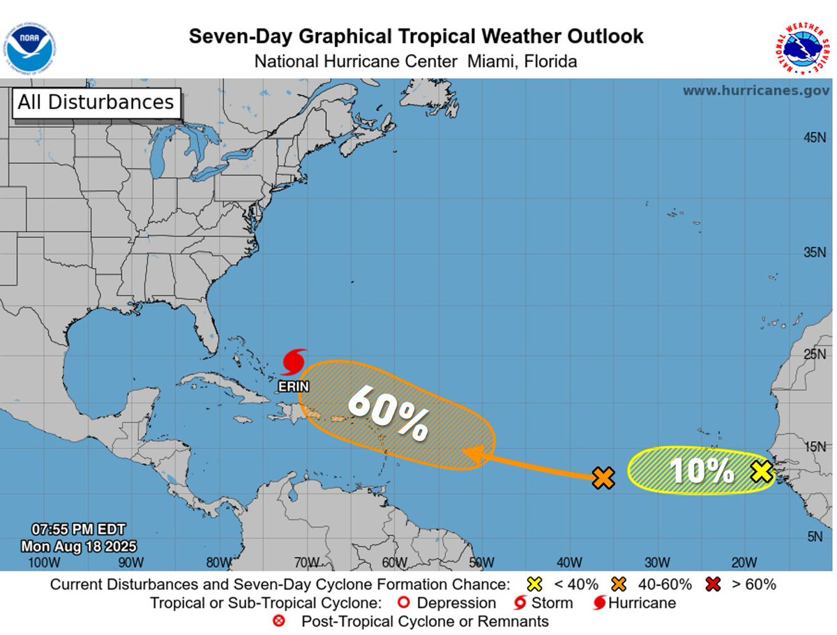 8/18 TROPICS UPDATE...

After Erin, there are two additional tropical disturbances to watch within the next 10 - 14 days. While none currently pose a risk to Pennsylvania, we do receive significant weather impacts from remnant tropical cyclones in terms of flooding and severe
