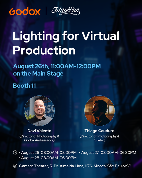 GodoxGlobal's tweet image. 🚨 Lighting for Virtual Production – Live Demo! 🚨
Join us at Booth 11, Gamaro Theater (SP) from Aug 26–28!
🎬 With Davi Valente &amp;amp; Thiago Cauduro
💡 See Godox lighting in action for VP!
🕗 26: 8–20h | 27: 8–18:30 | 28: 8–18h
#Godox #VirtualProduction