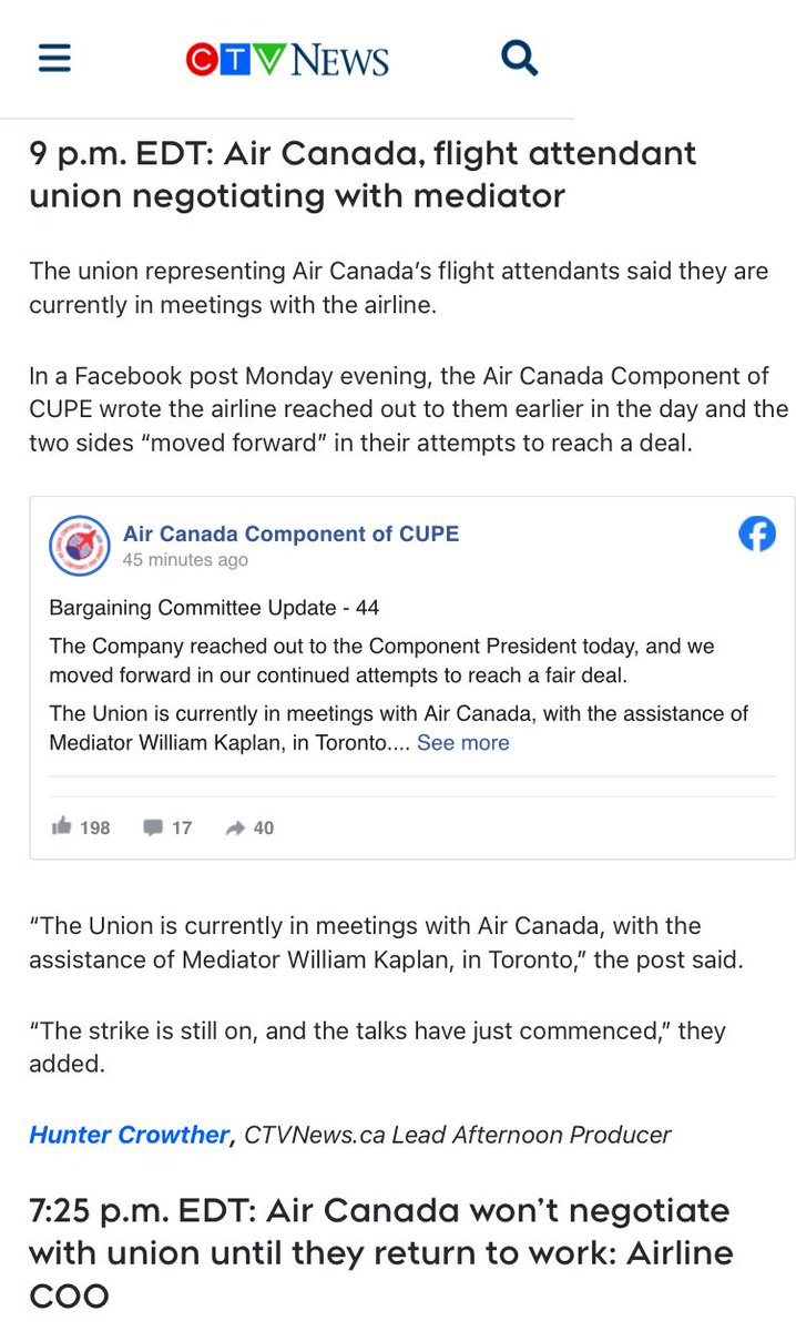 85 minutes after air canada said publicly they wouldn't negotiate with flight attendants until they went back to work it was revealed that... air canada was negotiating with flight attendants (who have not returned to work).