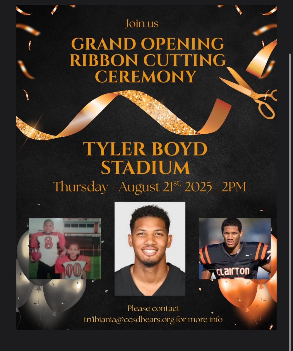 A ribbon-cutting ceremony for the new Tyler Boyd Stadium at Clairton High School will be held on Thursday, August 21, 2025, at 2:00 p.m. at 798 Miller Ave, Clairton, PA 15025.

Featuring  NFL wide receiver and Clairton and University of Pitt alumnus Tyler Boyd <a href="/boutdat_23/">Tyler Boyd</a>