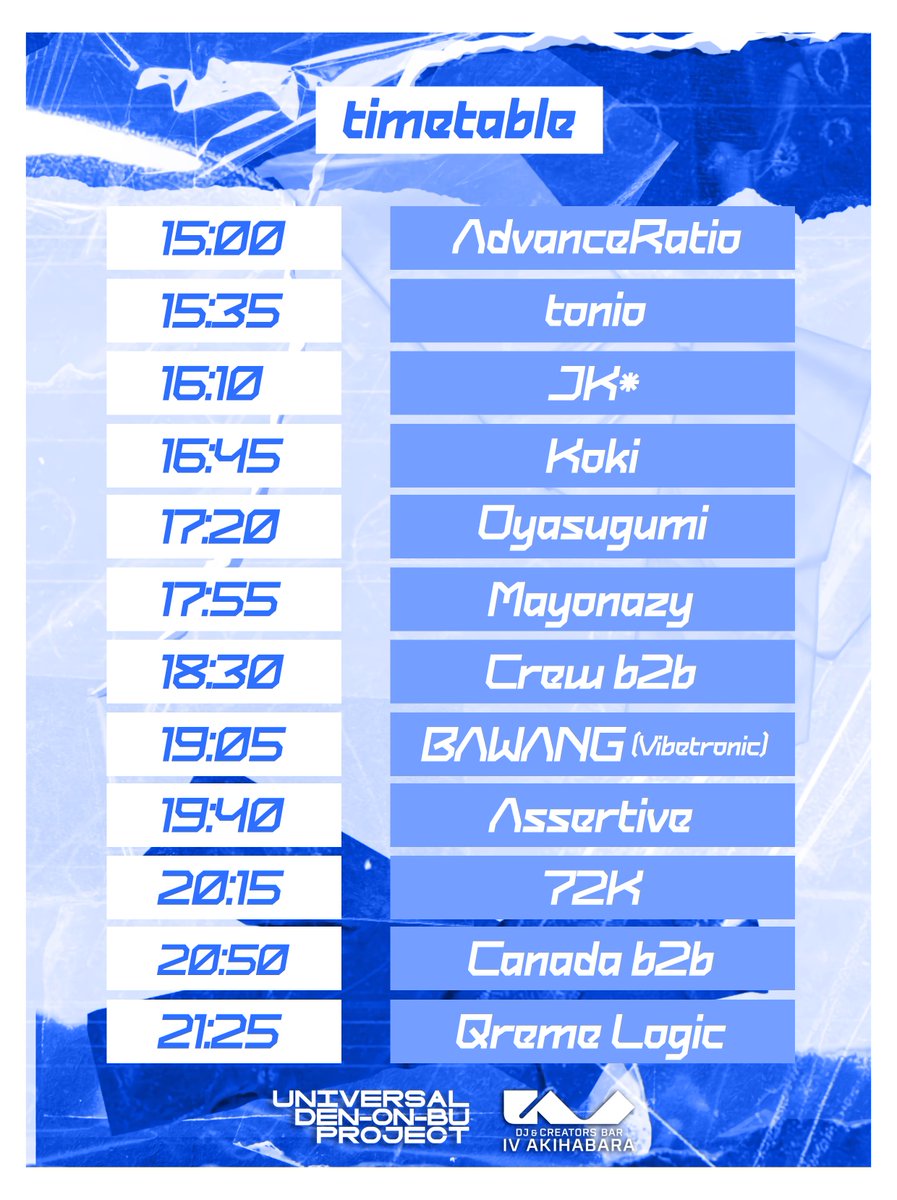 Universal Denonbu Project (@udp_dj) on Twitter photo TIMETABLE/タイムテーブル
Universal Denonbu Project 3rd Anniversary is just two weeks away!
Universal Denonbu Project 3rd Anniversary 開催まであと2週間!
🗓️09/06 15:00 - 22:00
📍<a href="/iv_akiba/">IV AKIHABARA アイヴィーアキハバラ</a>
🔗twipla.jp/events/691804
#UDP_DJ TIMETABLE/タイムテーブル
Universal Denonbu Project 3rd Anniversary is just two weeks away!
Universal Denonbu Project 3rd Anniversary 開催まであと2週間!
🗓️09/06 15:00 - 22:00
📍<a href="/iv_akiba/">IV AKIHABARA アイヴィーアキハバラ</a>
🔗twipla.jp/events/691804
#UDP_DJ