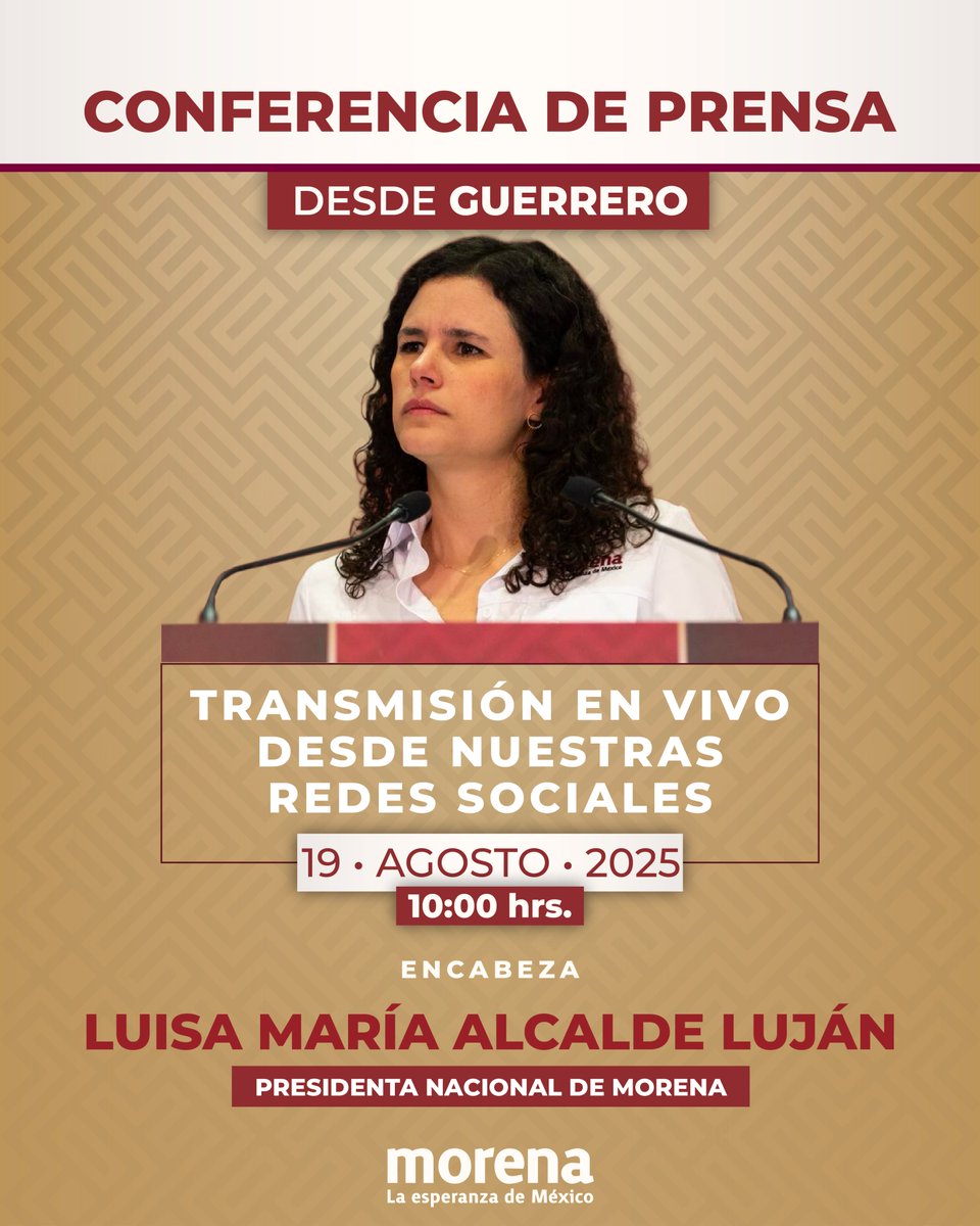 Morena (@partidomorenamx) on Twitter photo ¡Este martes nos vamos a Chilpancingo, Guerrero!
Sintoniza nuestra Conferencia de Prensa junto a la Presidenta <a href="/LuisaAlcalde/">Luisa Alcalde</a>, dirigentes, legisladores y autoridades emanadas del Partido, para continuar con nuestra segunda gira nacional. 📽️
La cita es a las 10:00 am por todas ¡Este martes nos vamos a Chilpancingo, Guerrero!
Sintoniza nuestra Conferencia de Prensa junto a la Presidenta <a href="/LuisaAlcalde/">Luisa Alcalde</a>, dirigentes, legisladores y autoridades emanadas del Partido, para continuar con nuestra segunda gira nacional. 📽️
La cita es a las 10:00 am por todas