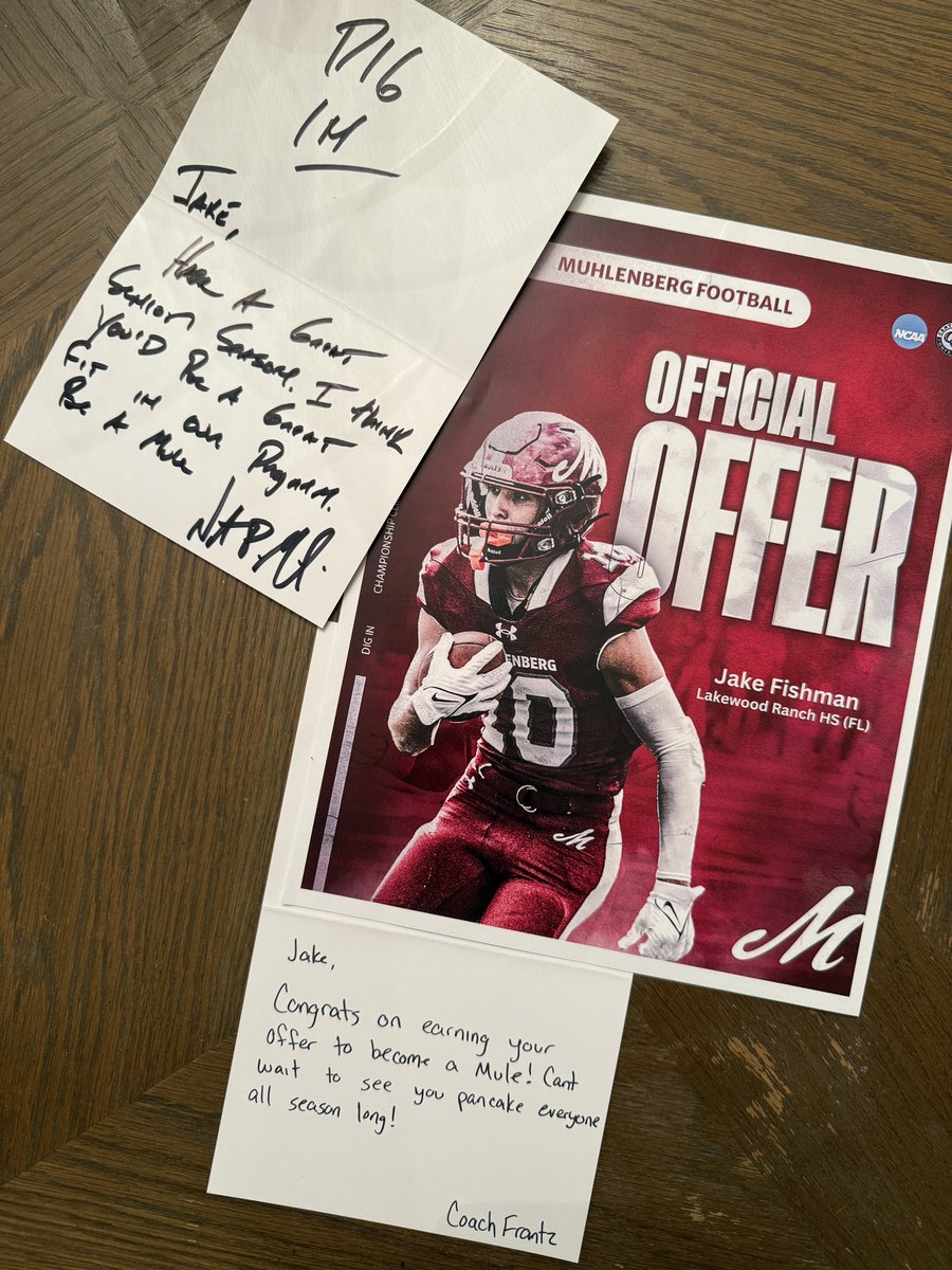Jake Fishman (@jake_fishman08) on Twitter photo I am truly honored to receive an official offer from Muhlenberg College. Thank you <a href="/DigInMules/">Muhlenberg Football</a> and <a href="/Coach_Frantz/">Greg Frantz</a> for this opportunity.
<a href="/CoachP_LRHS/">Scott Paravicini</a>
<a href="/LRHSRecruiting/">Lakewood Ranch Football Recruiting</a>
<a href="/CoachShack_/">Andrew Shackelford</a> I am truly honored to receive an official offer from Muhlenberg College. Thank you <a href="/DigInMules/">Muhlenberg Football</a> and <a href="/Coach_Frantz/">Greg Frantz</a> for this opportunity.
<a href="/CoachP_LRHS/">Scott Paravicini</a>
<a href="/LRHSRecruiting/">Lakewood Ranch Football Recruiting</a>
<a href="/CoachShack_/">Andrew Shackelford</a>
