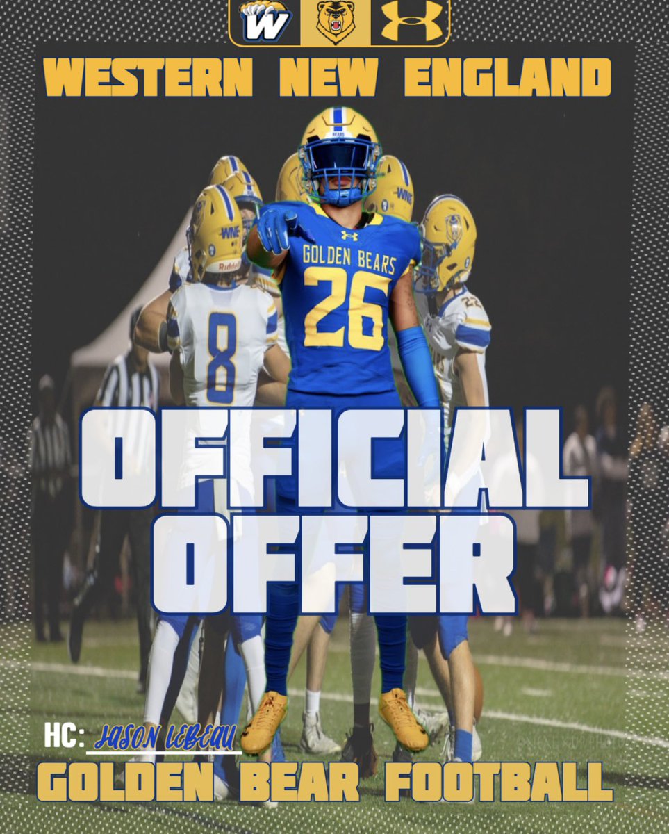 Chase Provencher (@cpro_3) on Twitter photo After a great camp and conversation with <a href="/Coach_Lebeau/">Jason Lebeau</a>, I am excited to announce that I have received my first offer to play Division III football at Western New England University! #GBEARS
<a href="/WNEFB/">WNE Football</a>
<a href="/coach_cdunn/">Coach Connor Dunn</a>
<a href="/TK_247/">Trevor Knight</a>
<a href="/PactPerformance/">Pact Performance</a>
<a href="/lowell_fb/">Lowell High Football</a>
<a href="/NE6FB_Recruits/">NE-Recruits</a> After a great camp and conversation with <a href="/Coach_Lebeau/">Jason Lebeau</a>, I am excited to announce that I have received my first offer to play Division III football at Western New England University! #GBEARS
<a href="/WNEFB/">WNE Football</a>
<a href="/coach_cdunn/">Coach Connor Dunn</a>
<a href="/TK_247/">Trevor Knight</a>
<a href="/PactPerformance/">Pact Performance</a>
<a href="/lowell_fb/">Lowell High Football</a>
<a href="/NE6FB_Recruits/">NE-Recruits</a>