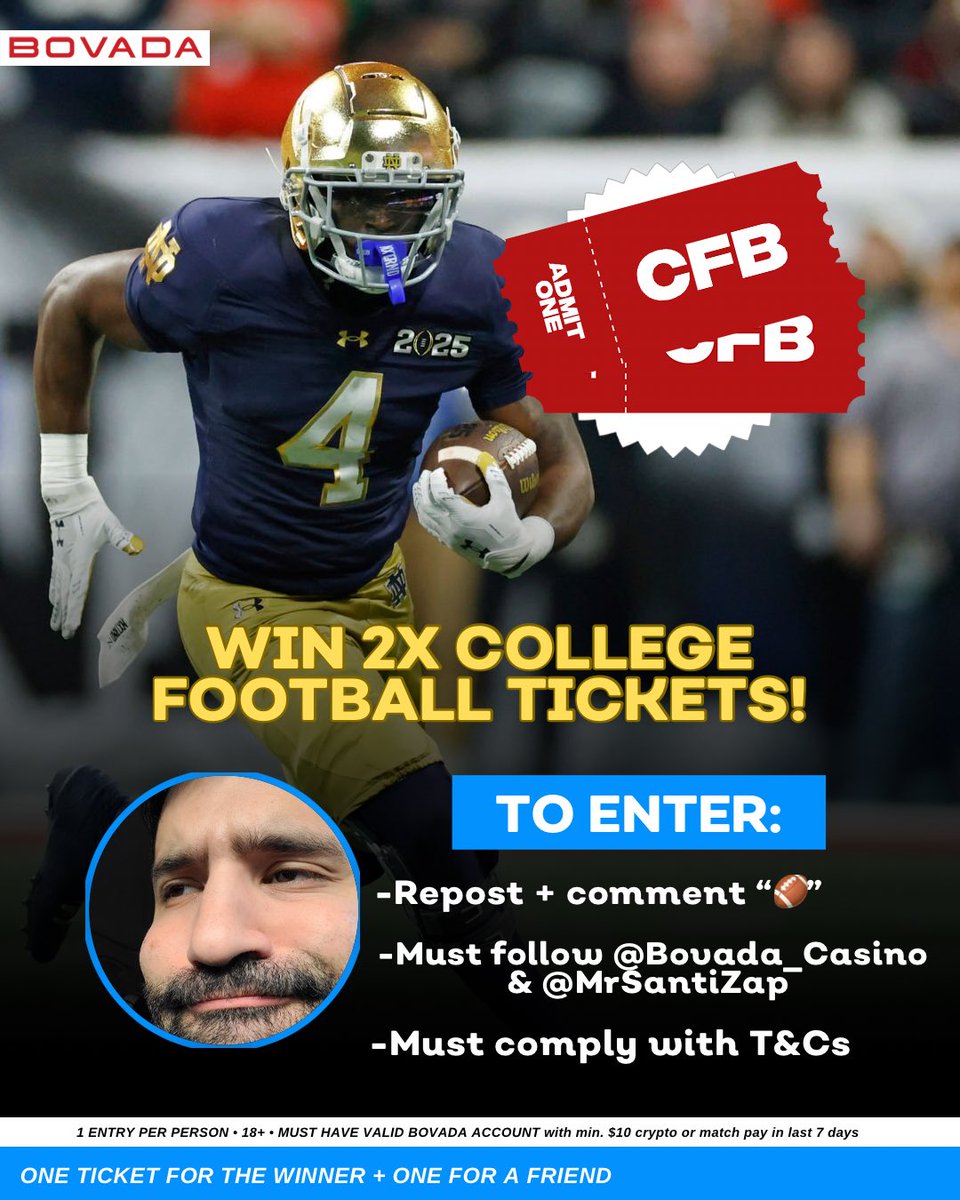 SantiZap (@mrsantizap) on Twitter photo The WINNER will be drawn THIS WEEK! On the 25th, one of you is walking away with 2 CFB tickets courtesy of <a href="/Bovada_Casino/">Bovada Casino</a>
Follow the rules below to be entered! ⬇️ The WINNER will be drawn THIS WEEK! On the 25th, one of you is walking away with 2 CFB tickets courtesy of <a href="/Bovada_Casino/">Bovada Casino</a>
Follow the rules below to be entered! ⬇️