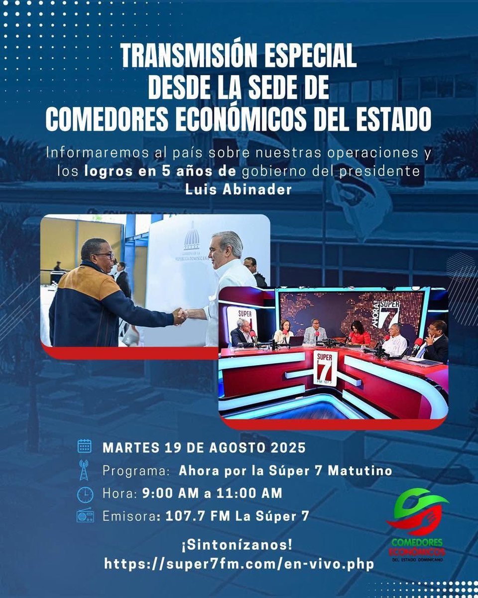 La cita es este martes desde las 9:00 de la mañana a sintonizar la <a href="/lasuper7/">lili monsalvo</a> en una transmisión especial de los 5 años de logros de los <a href="/Comedores_RD/">Comedores Económicos del Estado Dominicano</a> cumpliendo un mandato del presidente <a href="/luisabinader/">Luis Abinader</a> bajo la dirección de <a href="/EdgarAugustoFM/">Edgar Augusto Feliz Arbona</a>  No te lo pierdas.