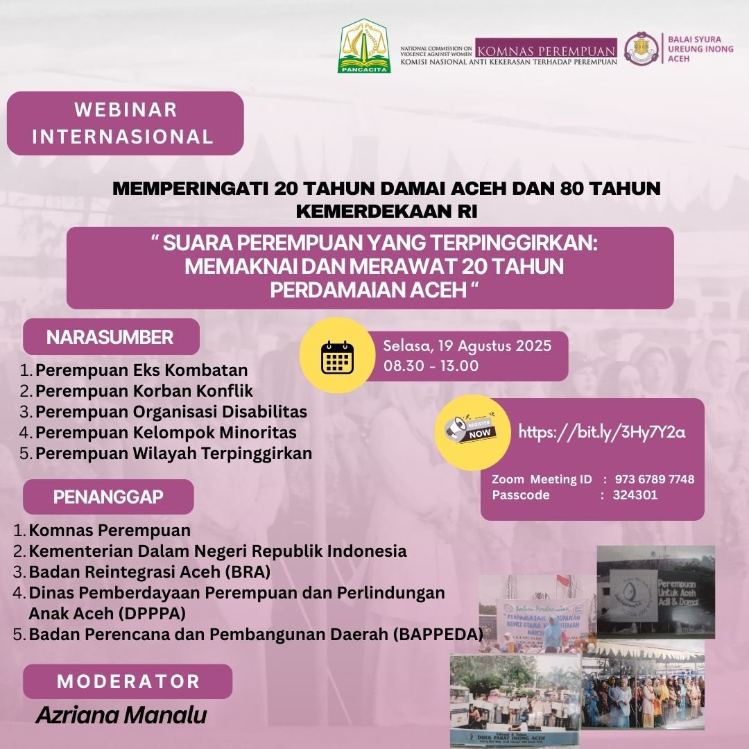 Damai Aceh telah berusia 20 tahun.
Selama dua dekade ini, sudah banyak seminar yang membahas perdamaian dari perspektif akademisi, pakar, birokrat, aktivis, dan berbagai kalangan lainnya.

Namun kali ini, mari kita mendengarkan suara yang jarang terdengar yakni perempuan dari