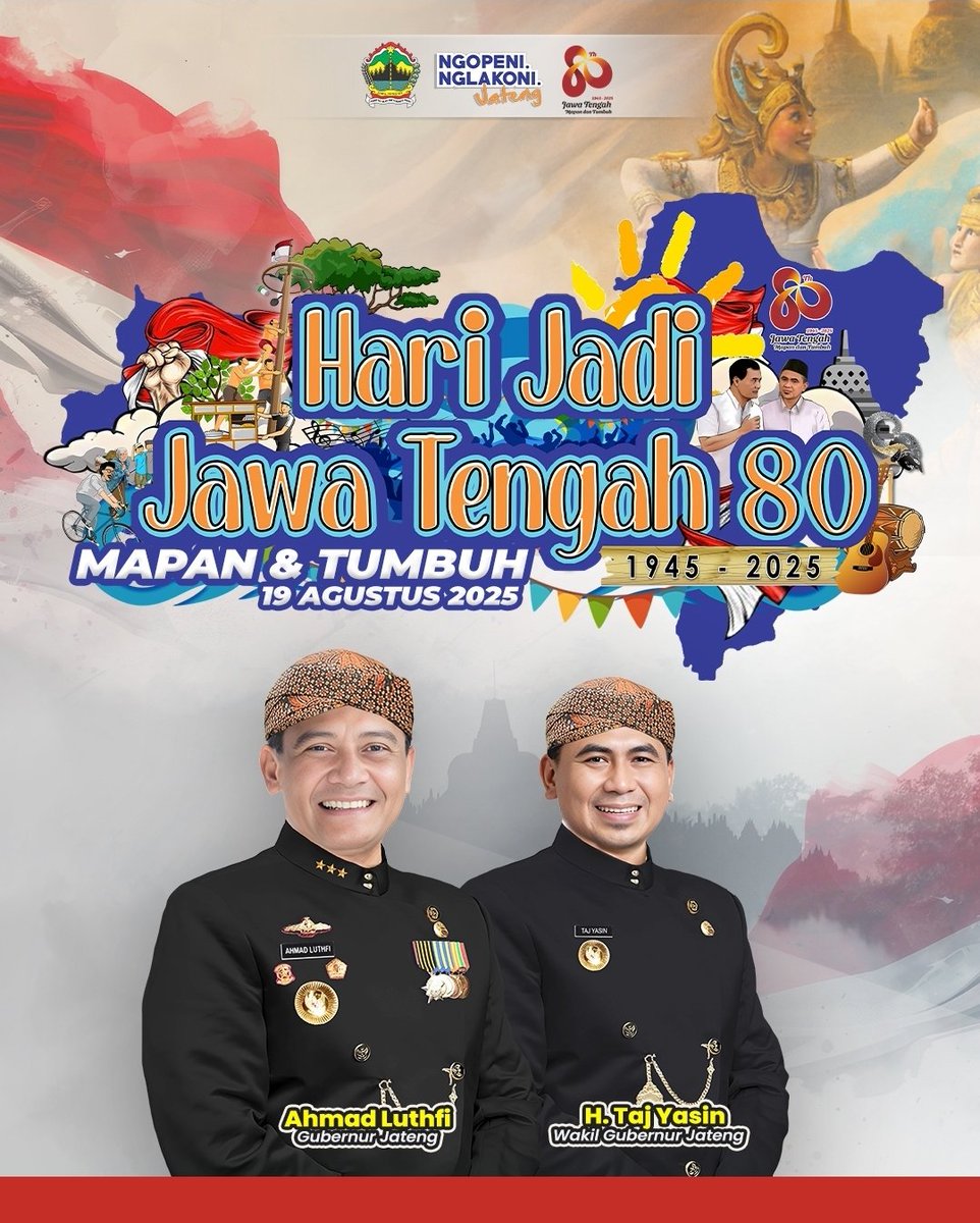 🌟 Selamat Hari Jadi Jawa Tengah ke-80! 🌟
📅 19 Agustus 1945 – 2025

80 tahun Jawa Tengah melangkah dengan semangat Mapan &amp; Tumbuh 🌱
80 tahun menjaga budaya, merawat persatuan, dan membangun kemajuan 💪✨

Dirgahayu Jawa Tengah tercinta! ❤️
#HariJadiJateng80 #MapanDanTumbuh