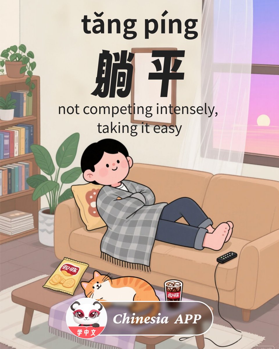Chinesia_EN's tweet photo. "Tang Ping" (躺平) literally means "lie flat." It’s a Chinese slang for giving up the rat race and just chilling — like saying, “I quit hustling, I’m now a professional couch potato.”

#chinesia#chinese#chineselearning
#chineseslang
#中文
#中文学习
#中文水平测试 https://t.co/zKFUdoTf1e