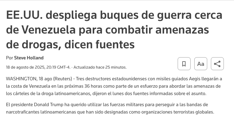 🇺🇸 #ÚLTIMAHORA 🛳️

 Reuters: tres barcos destructores estadounidenses con misiles guiados Aegis llegarán a la costa de Venezuela en las próximas 36 horas.

Según la fuente, esto como parte de un esfuerzo para abordar las amenazas de los cárteles de la droga latinoamericanos.