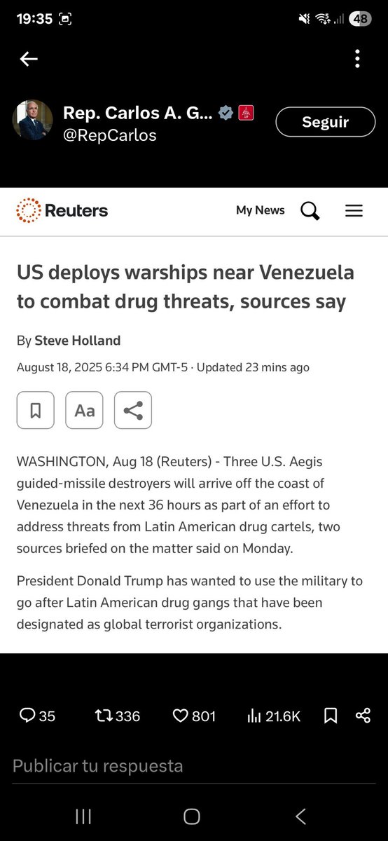 EE. UU. despliega buques de guerra cerca de Venezuela para combatir la amenaza del narcotráfico, según fuentes Por Steve Holland 18 de agosto de 2025, 18:34 GMT-5. Actualizado hace 23 minutos Aa WASHINGTON, 18 ago (Reuters) - Tres destructores estadounidenses con misiles guiados