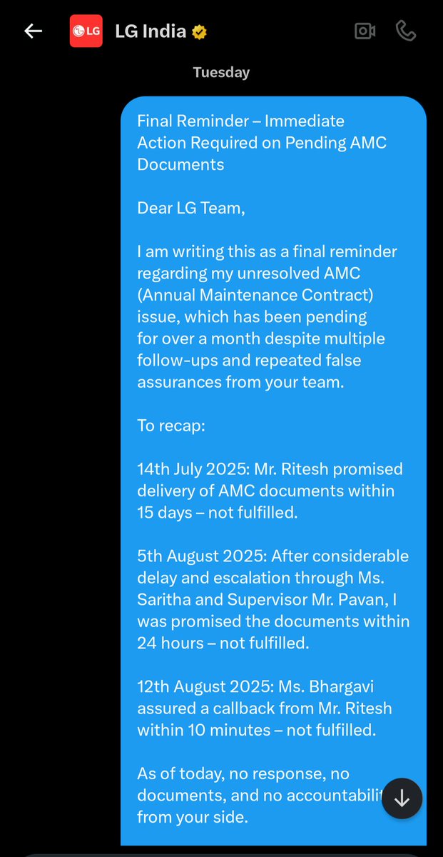 sinthigari's tweet image. @LGglobal Despite repeated follow-ups since April-25, I haven’t received my AMC documents from LG. Multiple promises, zero action. This is unacceptable and feels like a scam. Resolve this immediately or escalate to higher authorities. #LG #CustomerServiceFailure #AMCScam