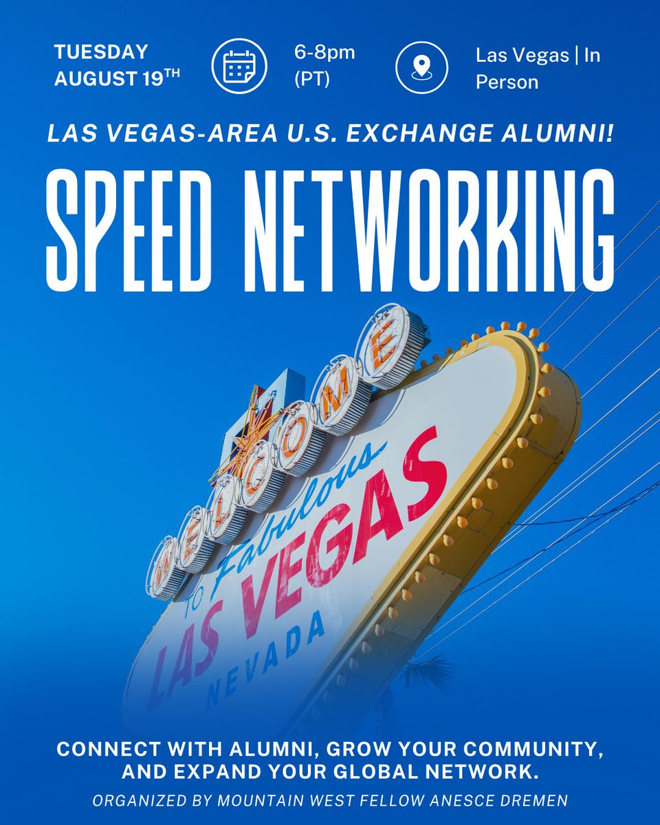 U.S. Exchange Alumni speed networking is coming to Las Vegas, Nevada tomorrow (Tuesday, August 19) at 6:00 pm Pacific! This business casual event will be the perfect space for alumni to build community and join an exceptional global network. Register at docs.google.com/forms/d/e/1FAI…