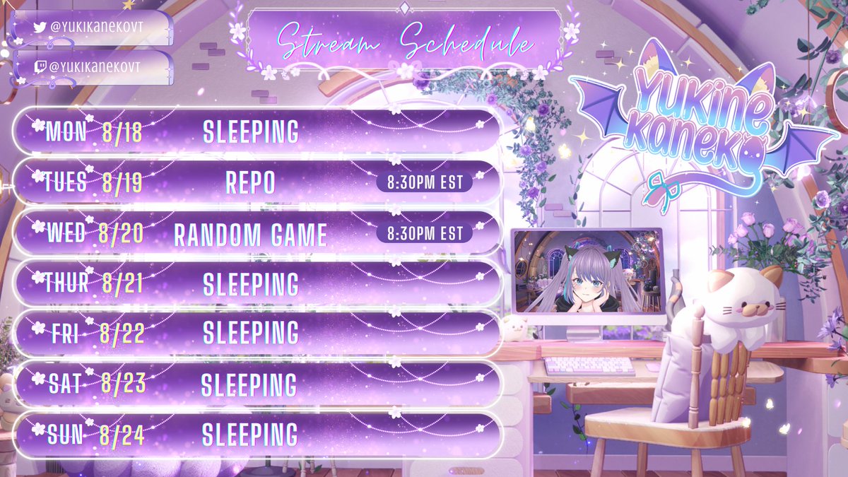 ✨Stream Schedule✨
 8/18-8/24

Playing some games with <a href="/SoraLuna14/">SoraLunaVT</a> this week! 

#Vtuber #VtuberEN