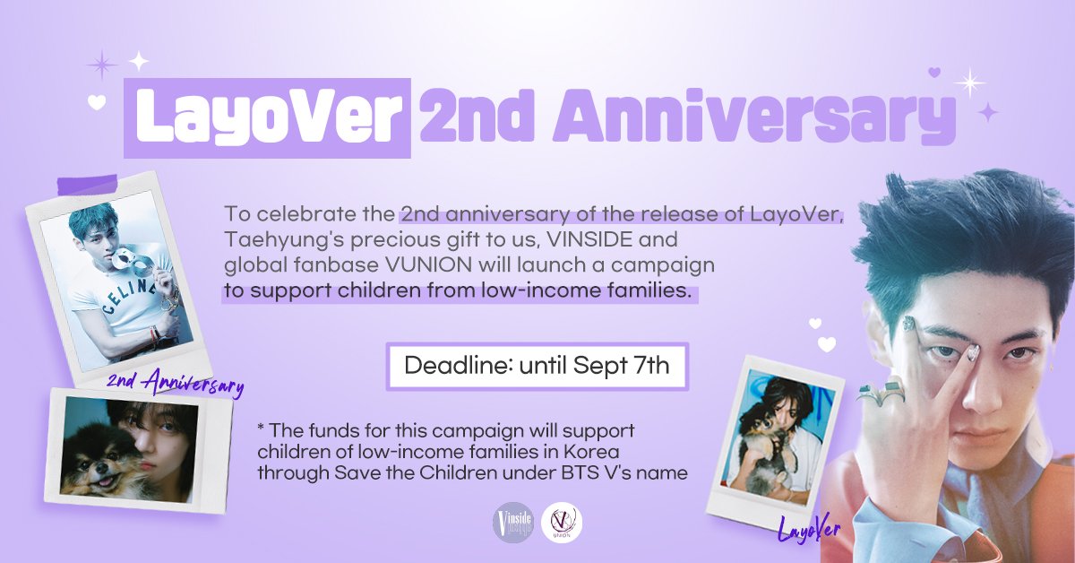 V Union (@vglobalunion) on Twitter photo To meaningfully celebrate LayoVerโs anniversary & in loving memory of Yeontan on his birthday, weโve collaborated with โSave the Childrenโ to launch a special donation campaign in commemoration of this occasion, inspired by caring Taehyung ๐
Please join: global-sc-fanclub.campaignus.me/15/?idx=14 To meaningfully celebrate LayoVerโs anniversary & in loving memory of Yeontan on his birthday, weโve collaborated with โSave the Childrenโ to launch a special donation campaign in commemoration of this occasion, inspired by caring Taehyung ๐
Please join: global-sc-fanclub.campaignus.me/15/?idx=14