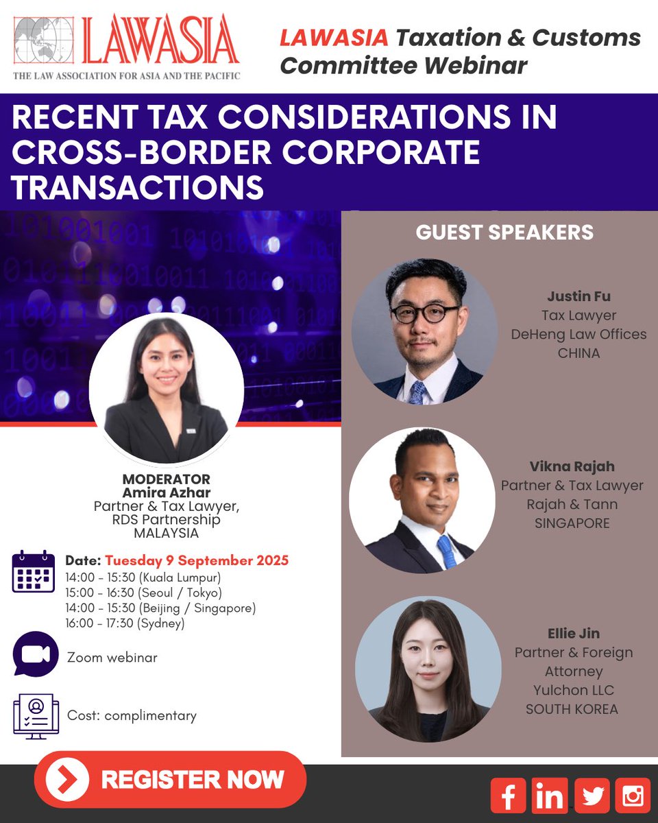 🌏 Join the LAWASIA Taxation &amp; Customs Committee Webinar: Recent Tax Considerations in Cross-Border Corporate Transactions

📅 Tue, 9 Sept 2025 | 💻 Online via Zoom

Stay ahead in global tax! 👉 Register:

us06web.zoom.us/webinar/regist…
