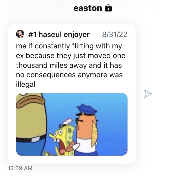 deleting photos cause i got no storage and found this screenshot from when he saw this tweet and just dmed it to me so i knew he knew ):&amp;;?;!;