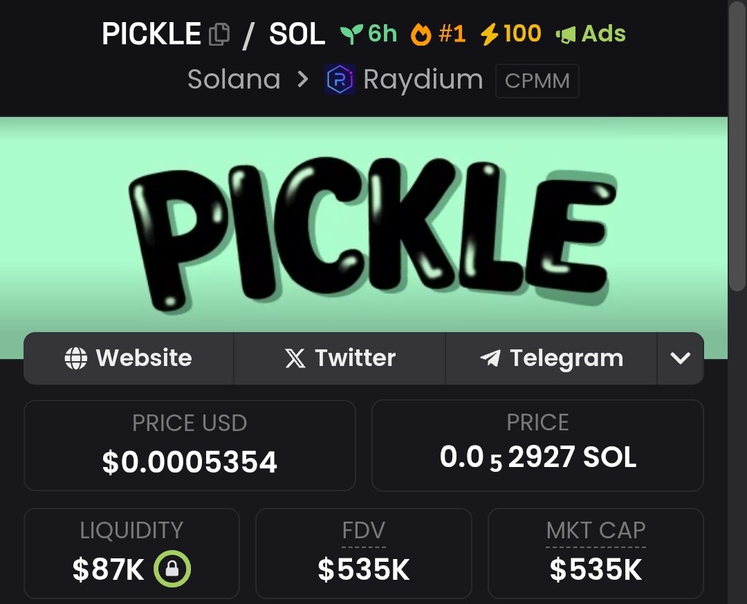 Bid $PICKLE on sol, the horizon holds secrets untold! NFA 

CA: Ey3XV7Cw3tE4dUXoFC4zoNujRXN7u7dBf21vsZFcbonk

dexscreener.com/solana/ewlu56m…

pickle.cooking
x.com/PickleCooking
t.me/PickleCooking