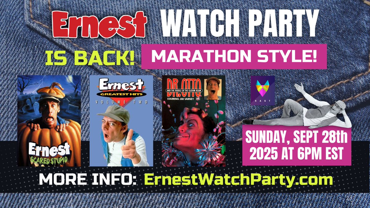 🗓️ SAVE THE DATE!

🎉Join #ErnestWatchParty SUN 9/28/25 @ 6PM ET for #ErnestScaredStupid, #ErnestGreatestHitsVol2 &amp; #DrOtto!

✅FREE stream
💬Group chat
🎬Exclusive BTS content
🥳Random giveaways

👉MORE INFO: ErnestWatchParty.com

#ErnestTwitter #ErnestPWorrell #JimVarney