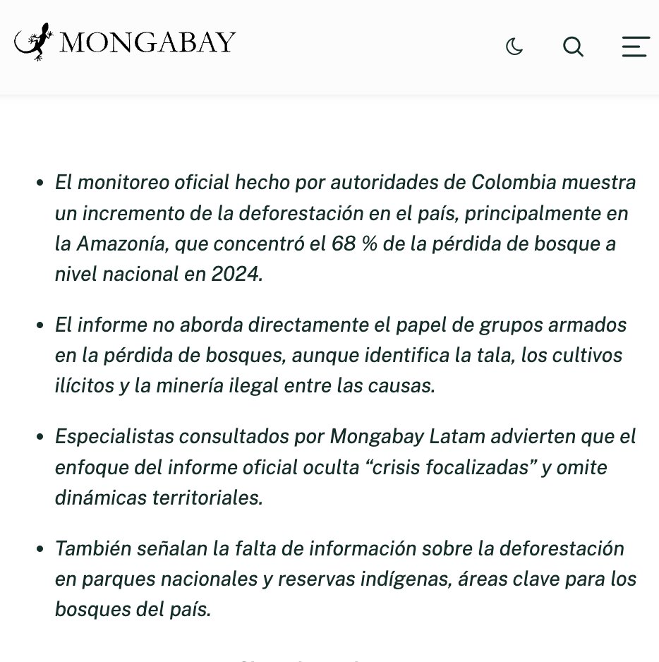 Foro Nacional Ambiental (@fnambiental) on Twitter photo 🚨🇨🇴 La deforestación a nivel nacional en Colombia no solo se incrementó en 2024, sino que también se aceleró en áreas clave del país...
<a href="/MongabayLatam/">Mongabay Latam</a> habló con especialistas y autores del monitoreo forestal sobre los factores socioambientales detrás del aumento de la 🚨🇨🇴 La deforestación a nivel nacional en Colombia no solo se incrementó en 2024, sino que también se aceleró en áreas clave del país...
<a href="/MongabayLatam/">Mongabay Latam</a> habló con especialistas y autores del monitoreo forestal sobre los factores socioambientales detrás del aumento de la