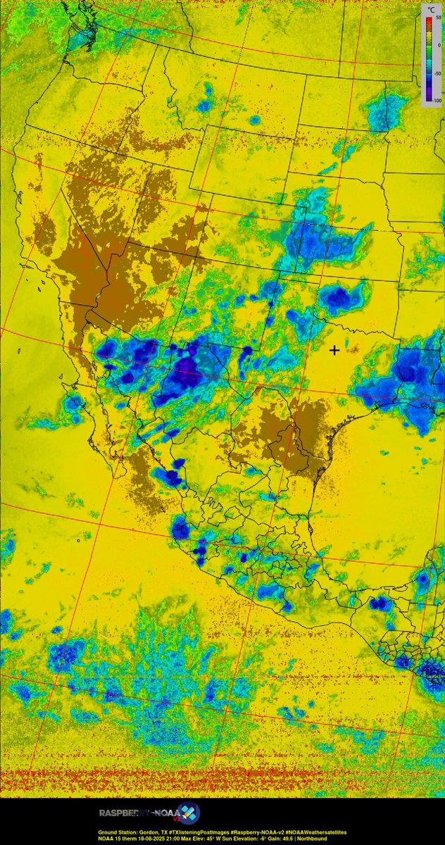 KB5ZUR's tweet image. Ground Station: Gordon, TX #TXlisteningPostImages #Raspberry-NOAA-v2 #NOAAWeathersatellites NOAA 15 18-08-2025 20:40 Max Elev: 45° W Sun Elevation: -6° Gain: 49.6 | Northbound