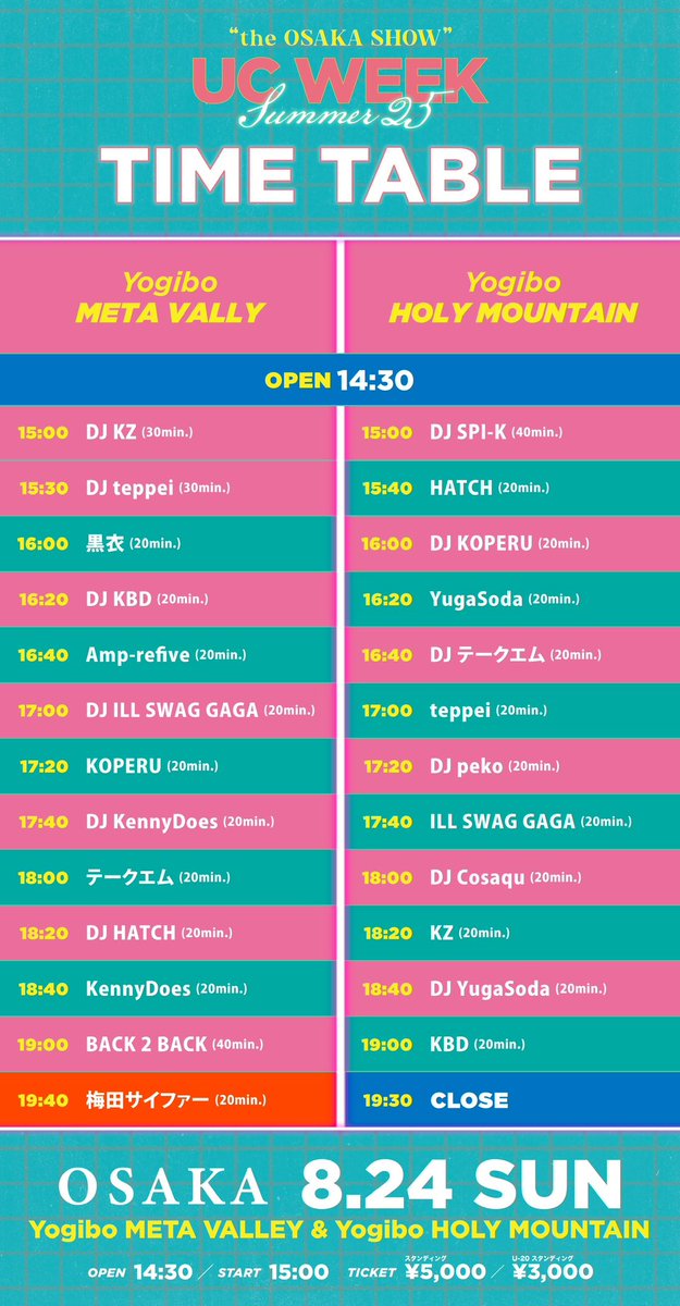 /／
🗣️タイムテーブル発表
\＼

梅田サイファー ＋ ソロアクトのライブを楽しめるイベント"UC WEEK"が今週末大阪で開催🔥

🔊公演名
UC WEEK OSAKA

🗓️日時 / 場所
8/24(日) at Yogibo META VALLEY &amp; Yogibo HOLY MOUNTAIN

🎫チケット(U-20割あり)
w.pia.jp/t/umeda-cypher/