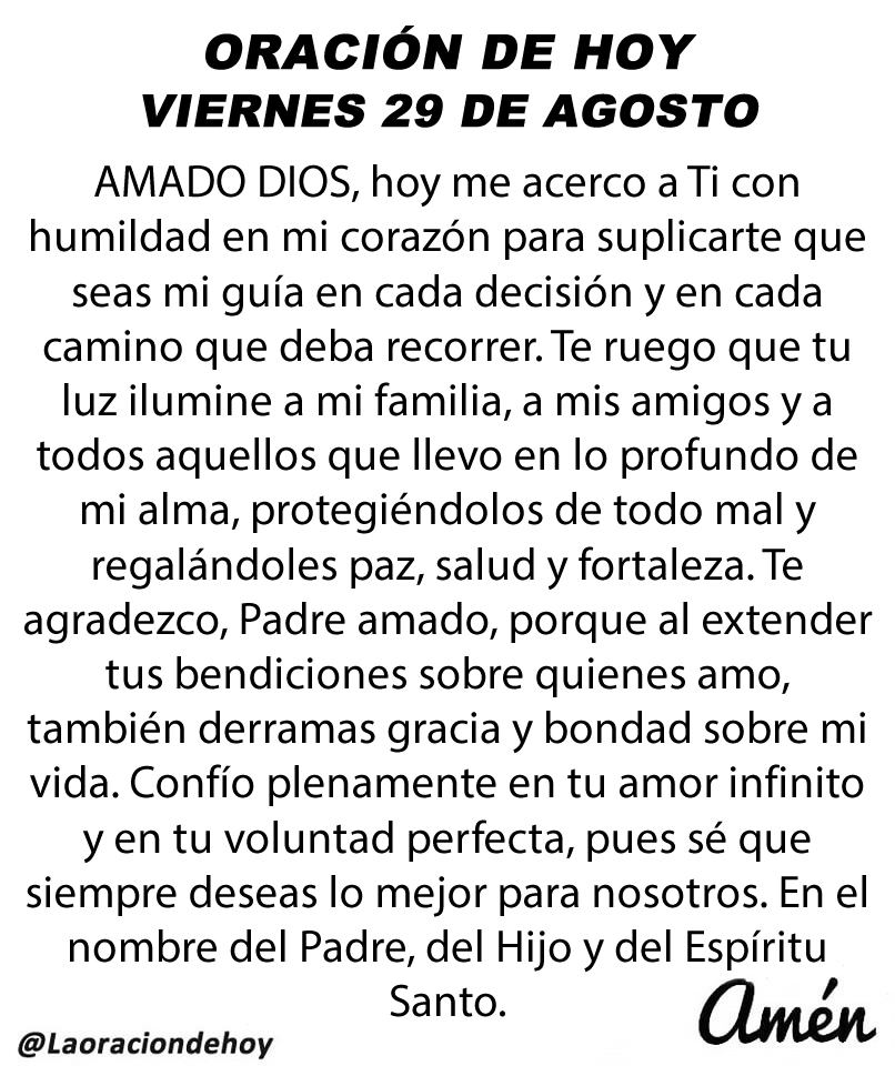Oración diaria para hoy viernes 29 de agosto de 2025.