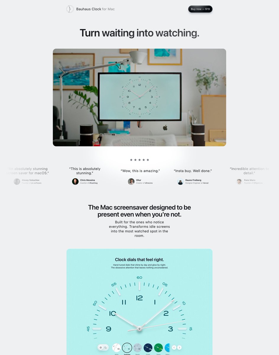 Bauhaus Clock 

A clean little gem of a site. Thoughtful layout, bento-grid inspiration, lovely interactions, and a cool idea that designers will love.

bauhausclock.com