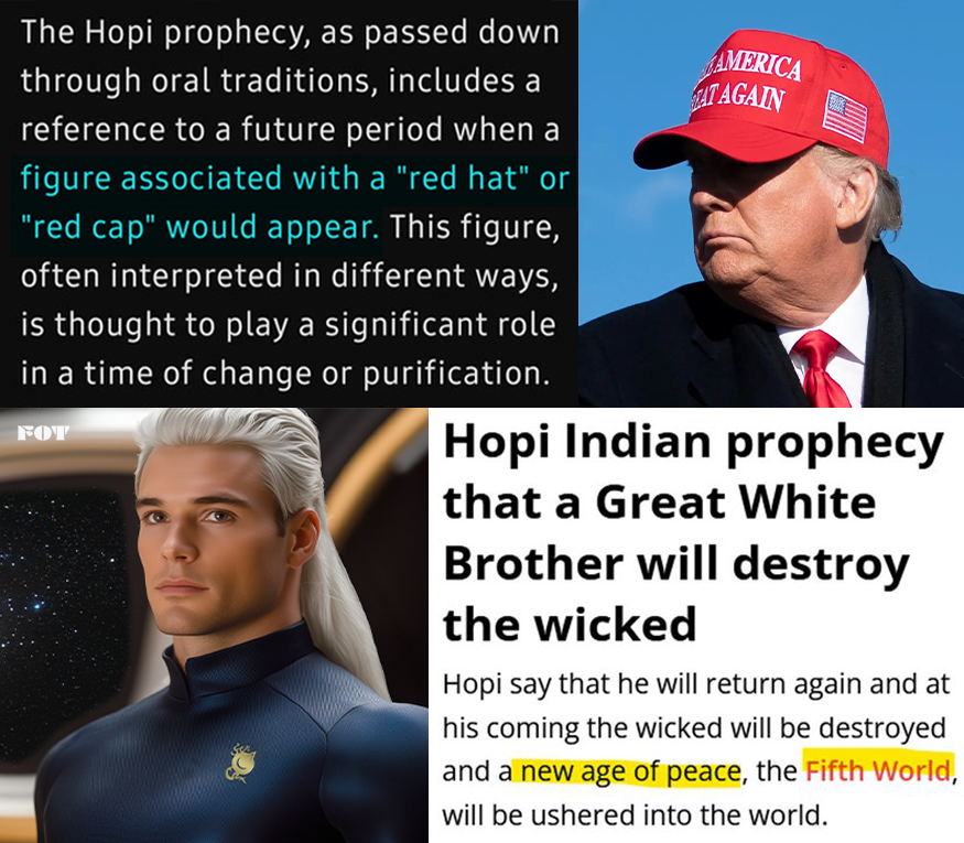 Kabamur_Taygeta's tweet photo. Hopi prophesy says that a man with a "red hat" will play a significant role in a time of purification, and the "great white brother" will return to usher us into a new age of peace in the 5th world.

- Trump is the man in the red hat
- Pleiadians are the great white brothers
- The 5th world is 5D ascension

These prophesies are unfolding now, because we're the ones who will experience the Shift.