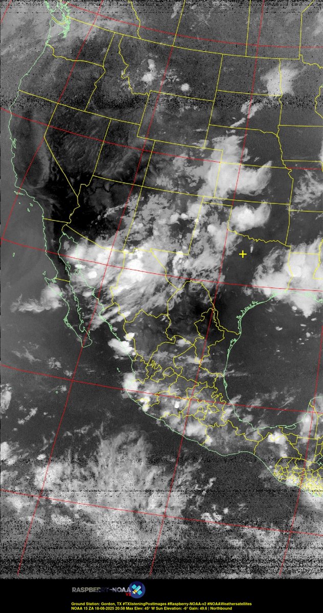 KB5ZUR's tweet image. Ground Station: Gordon, TX #TXlisteningPostImages #Raspberry-NOAA-v2 #NOAAWeathersatellites NOAA 15 18-08-2025 20:40 Max Elev: 45° W Sun Elevation: -6° Gain: 49.6 | Northbound