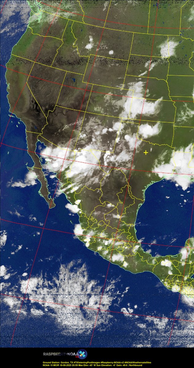 KB5ZUR's tweet image. Ground Station: Gordon, TX #TXlisteningPostImages #Raspberry-NOAA-v2 #NOAAWeathersatellites NOAA 15 18-08-2025 20:40 Max Elev: 45° W Sun Elevation: -6° Gain: 49.6 | Northbound