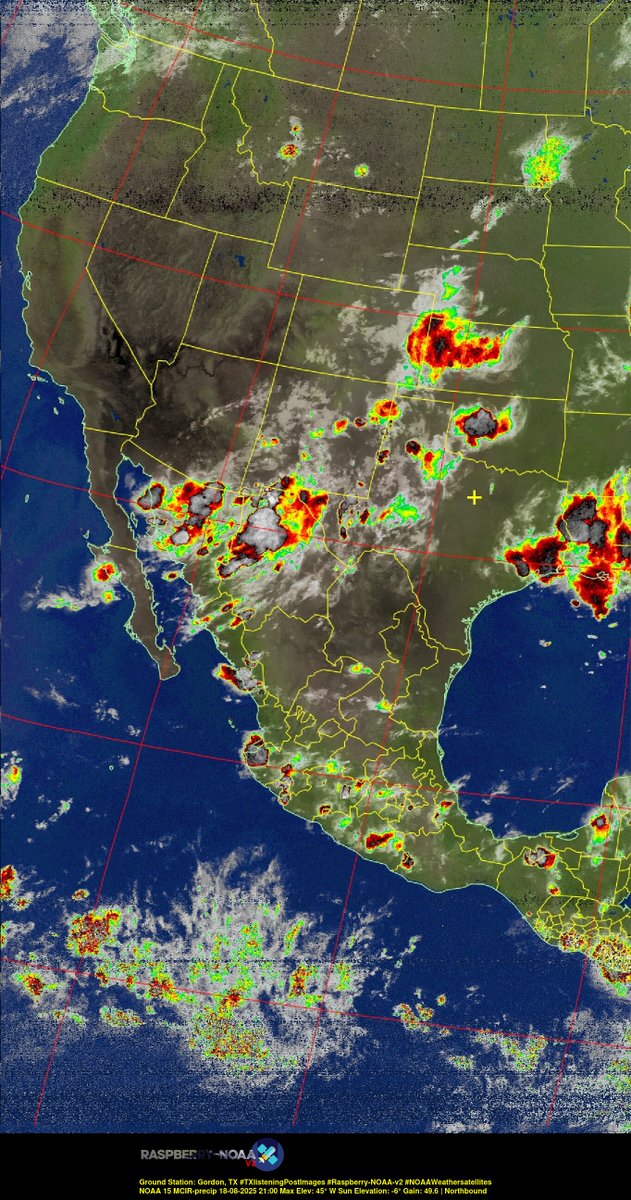 KB5ZUR's tweet image. Ground Station: Gordon, TX #TXlisteningPostImages #Raspberry-NOAA-v2 #NOAAWeathersatellites NOAA 15 18-08-2025 20:40 Max Elev: 45° W Sun Elevation: -6° Gain: 49.6 | Northbound