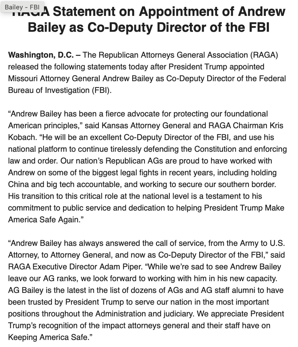 Congratulations to <a href="/AndrewBaileyMO/">Andrew Bailey</a> on his appointment as Co-Deputy Director of the <a href="/FBI/">FBI</a>!