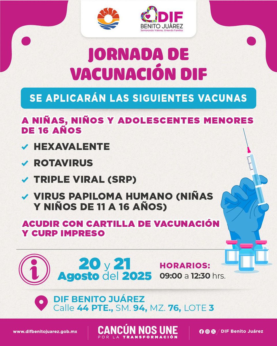 Invitamos a nuestra 𝑱𝒐𝒓𝒏𝒂𝒅𝒂 𝒅𝒆 𝑽𝒂𝒄𝒖𝒏𝒂𝒄𝒊𝒐́𝒏 para:

📌 Niñas, niños y adolescentes menores de 16 años
📍 Sm 94 bit.ly/DIFBJ 

#CancúnNosUne #PorLaTransformación