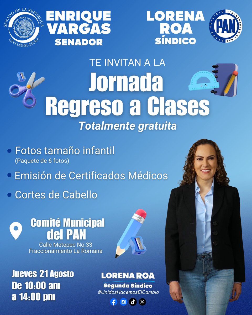 Lorena Roa (@loreroa19) on Twitter photo 📚✨ ¡Regreso a clases con todo!
Este 21 de agosto acompáñanos en la Jornada de Regreso a Clases en el PAN Tlalnepantla con el apoyo de nuestro Senador <a href="/EnriqueVargasdV/">Enrique Vargas Del Villar</a> y tu Síndico.
💙 ¡Servicios gratuitos para ti y tu familia!
#LorenaRoa #UnidosHacemosElCambio 📚✨ ¡Regreso a clases con todo!
Este 21 de agosto acompáñanos en la Jornada de Regreso a Clases en el PAN Tlalnepantla con el apoyo de nuestro Senador <a href="/EnriqueVargasdV/">Enrique Vargas Del Villar</a> y tu Síndico.
💙 ¡Servicios gratuitos para ti y tu familia!
#LorenaRoa #UnidosHacemosElCambio