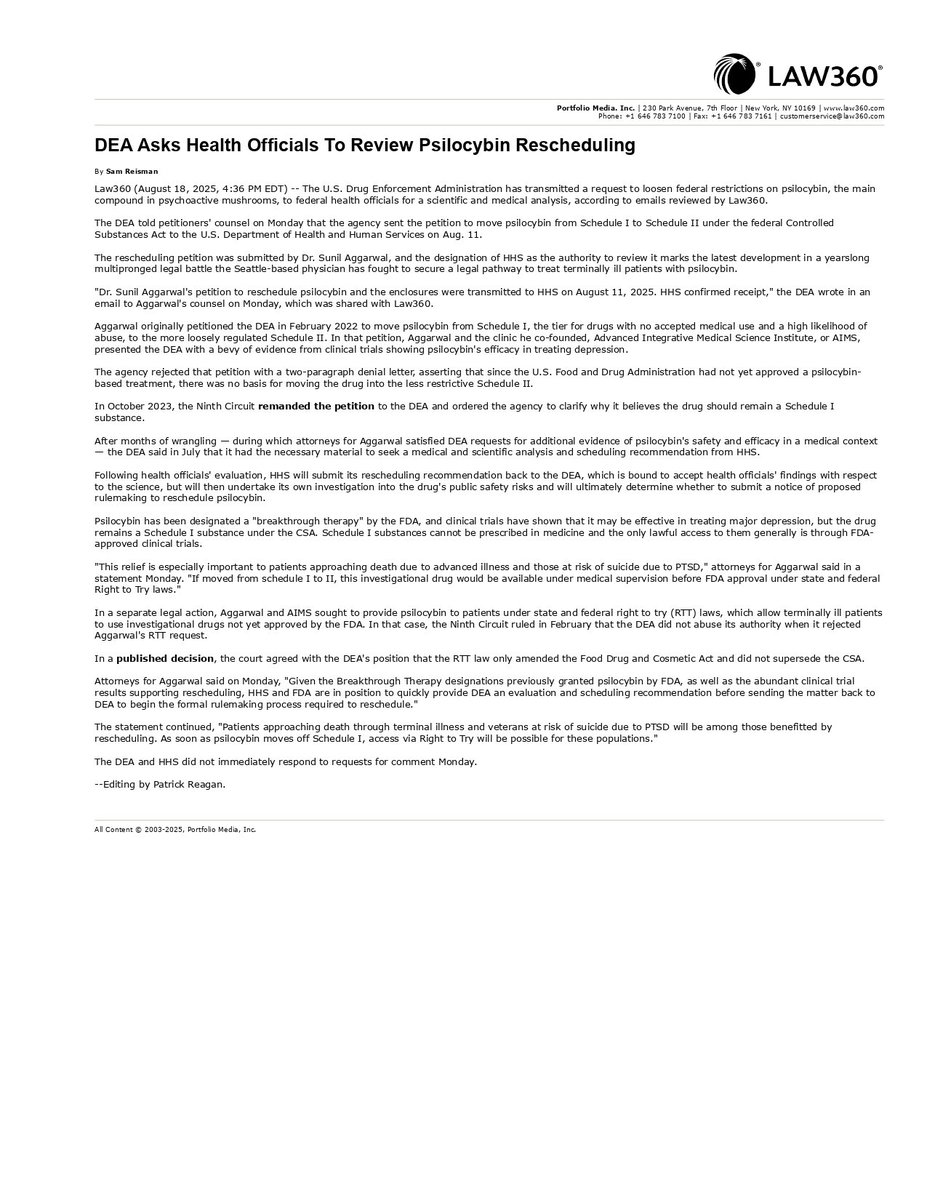 DEA has now formally asked HHS for a rescheduling recommendation for psilocybin. So glad this is moving forward after our initial filing 3.5 years ago.
From <a href="/Law360/">Law360</a>