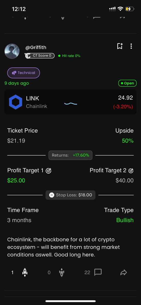 One beta user dropped a $LINK Ticket 9 days ago, locked partial profits at $25, and is still riding +15%.

CoinTicket makes sharing and tracking plays seamless — in real time.

First of its kind.

We are almost ready for everyone.

#CryptoTrading #CryptoMarket