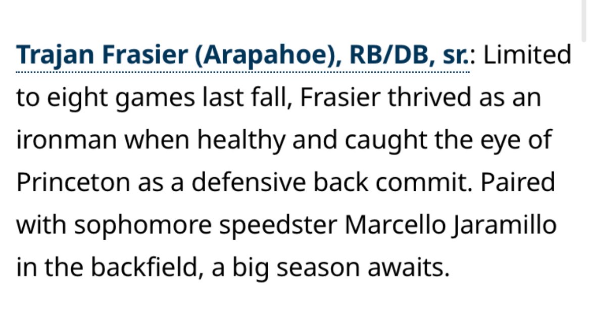 Big thanks to <a href="/denverpost/">The Denver Post</a> for the mention in 101 impact players to watch! Looking forward to the season with <a href="/Arapahoe_FB/">Arapahoe High School Football</a> 

<a href="/PrincetonFTBL/">Princeton Football</a> 
<a href="/CoachBobSurace/">Bob Surace '90</a> 
<a href="/coachehenderson/">EJ Henderson</a> 
<a href="/RecruitArapFB/">ArapahoeFBRecruiting</a>