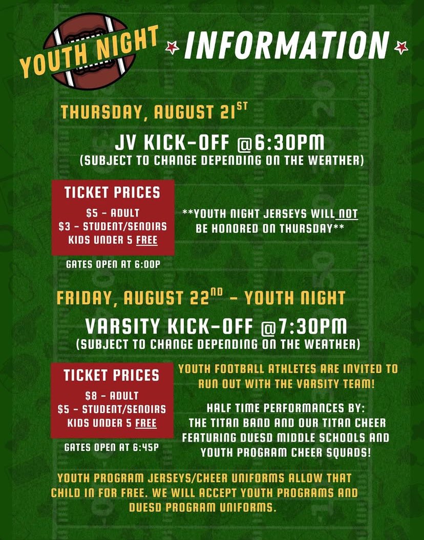 Update for our football games scheduled for Friday, 8/22. JV game will now be on Thursday, 8/21, at 6:30pm due to heat. Friday will be varsity football only with a 7:30pm kickoff. Youth night will take place on Friday, 8/22. Get your uniforms ready and come out and cheer! 🏈